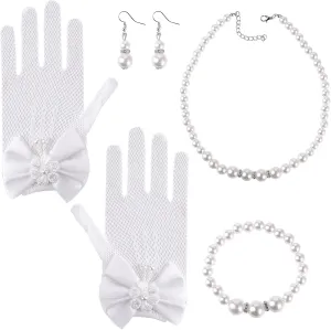 Yolev 4 Pcs Pearl Necklace Bracelet Earrings Jewelry Sets and White Lace Communion Glove Pageant Gloves for Wedding Pageant Halloween Cosplay (Suitable for ages 12 )