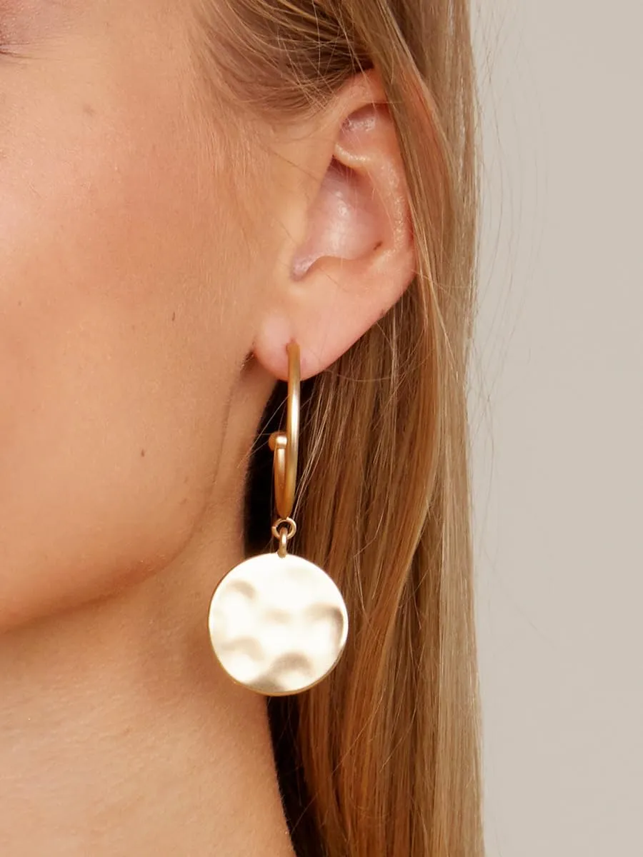 ZENZII 18K Gold Hoop Earrings for Women Girls With Matte Metal Hammered Medallion Drop