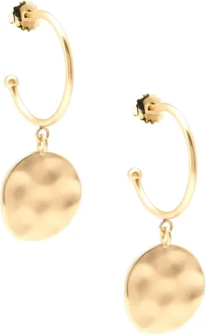 ZENZII 18K Gold Hoop Earrings for Women Girls With Matte Metal Hammered Medallion Drop