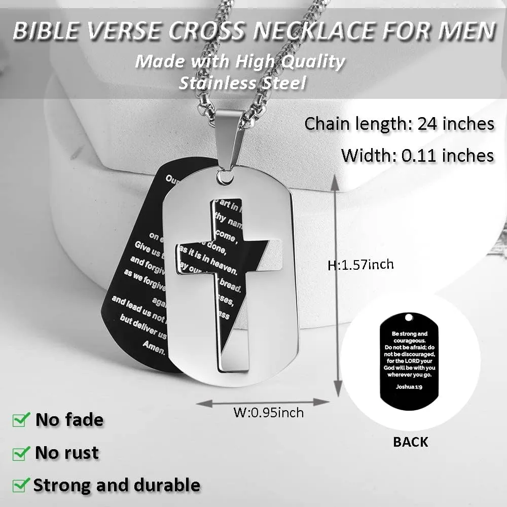 ZRAY Dog Tag Necklace for Men Bible Verse Cross Pendant Stainless Steel Chain 24inch Inspirational Christian Jewelry Meaningful Religious Gift for Boys