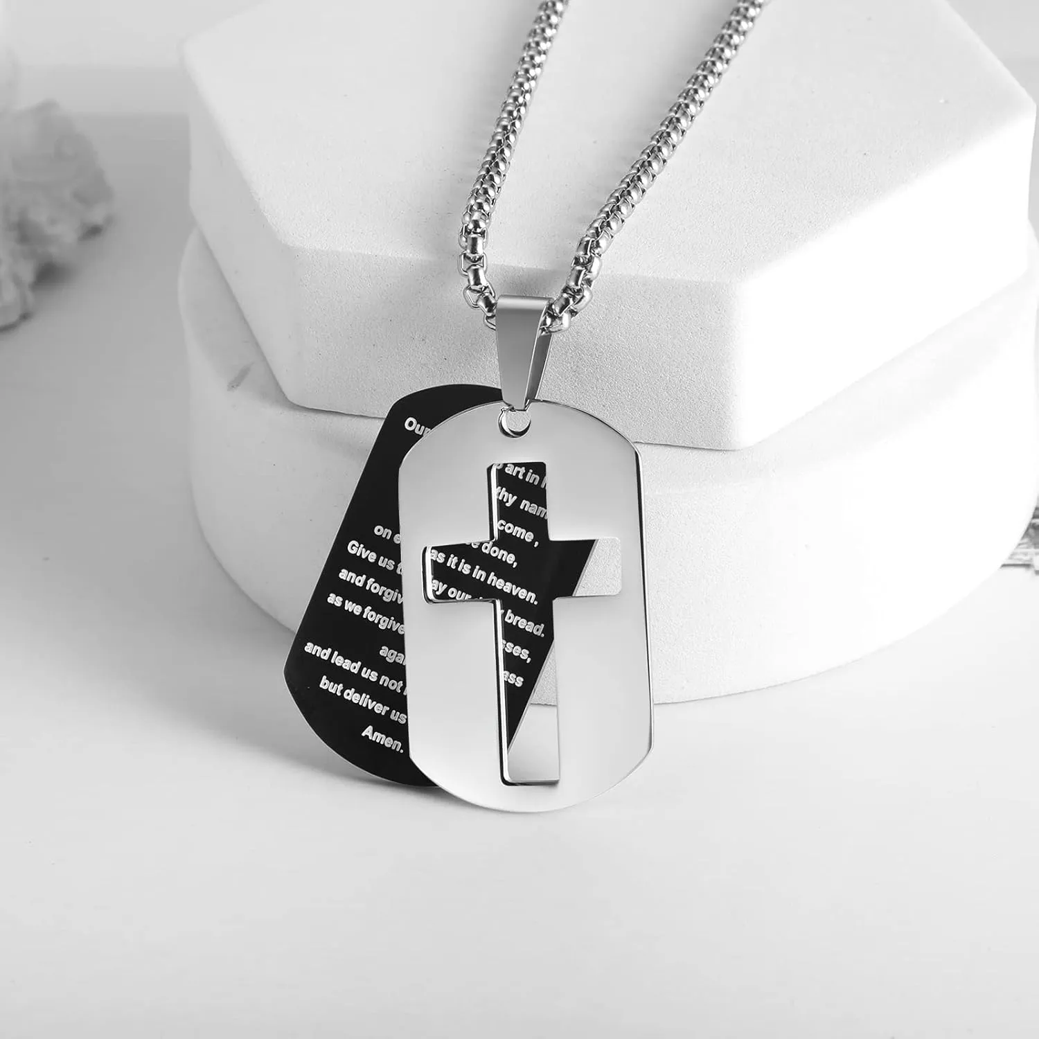 ZRAY Dog Tag Necklace for Men Bible Verse Cross Pendant Stainless Steel Chain 24inch Inspirational Christian Jewelry Meaningful Religious Gift for Boys