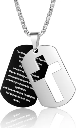 ZRAY Dog Tag Necklace for Men Bible Verse Cross Pendant Stainless Steel Chain 24inch Inspirational Christian Jewelry Meaningful Religious Gift for Boys