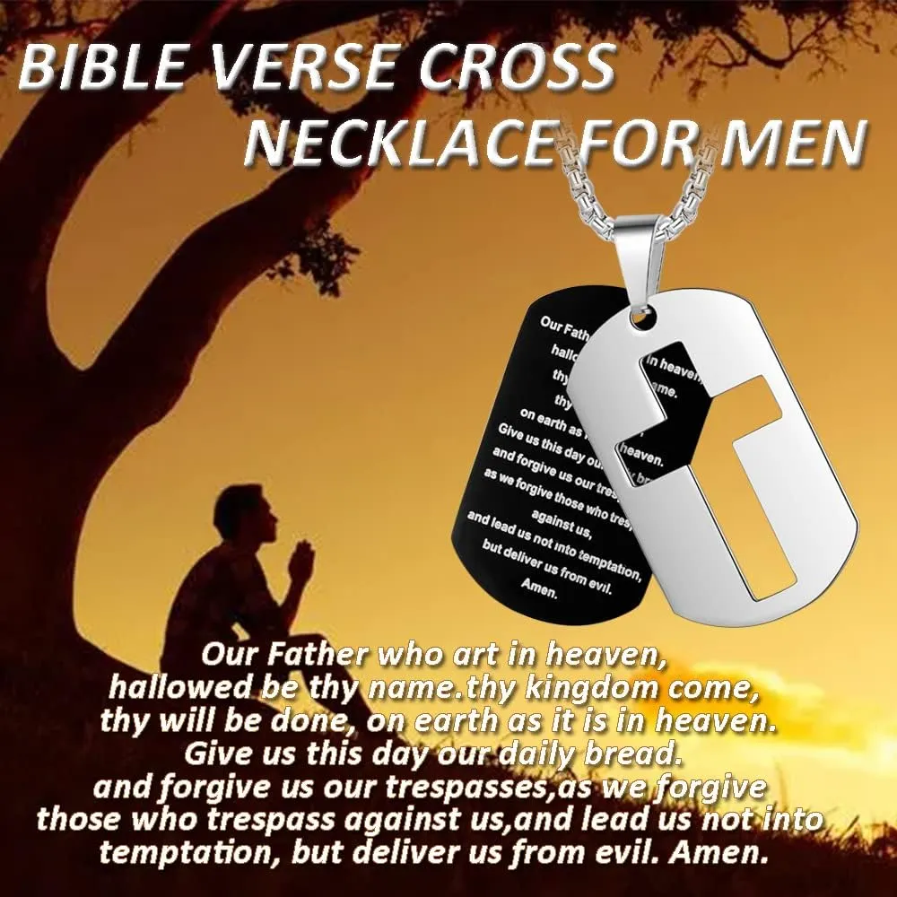 ZRAY Dog Tag Necklace for Men Bible Verse Cross Pendant Stainless Steel Chain 24inch Inspirational Christian Jewelry Meaningful Religious Gift for Boys